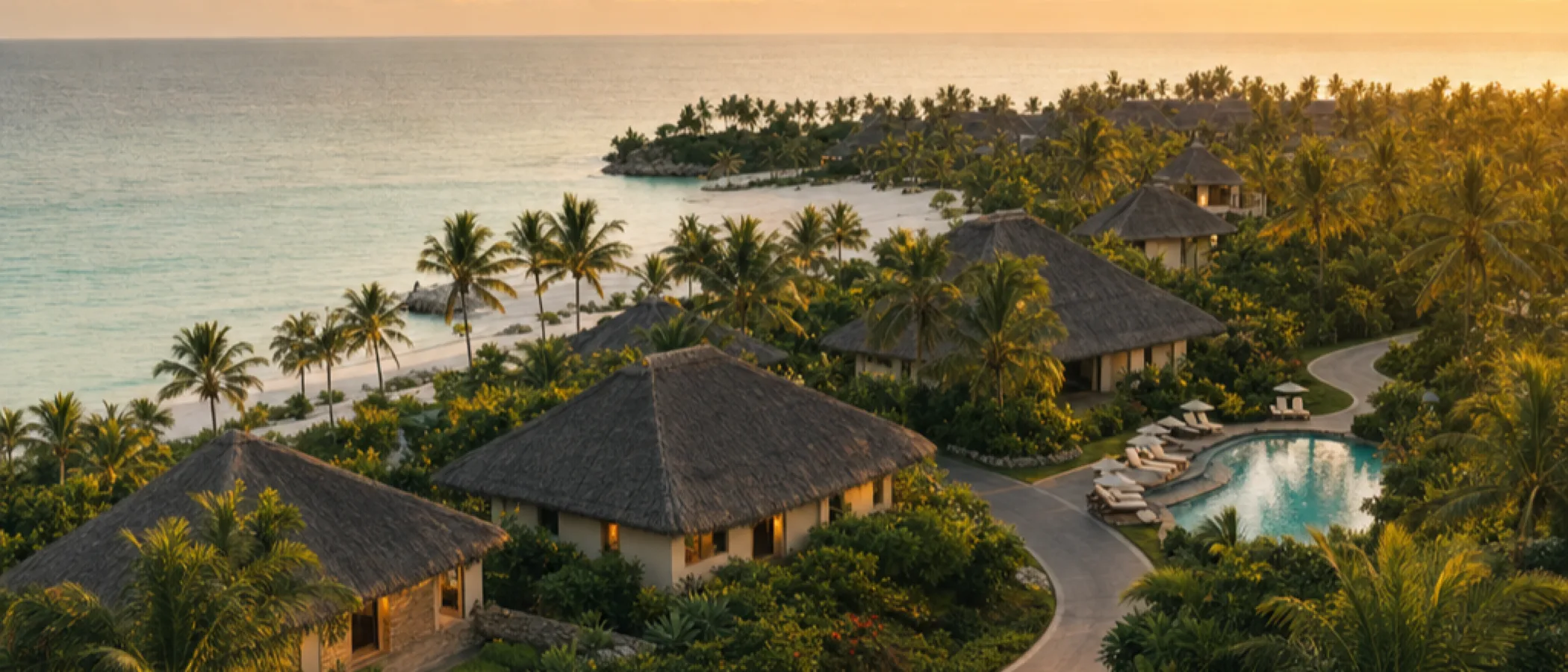 Aerial view of a tropical island resort at golden hour, with curving buggy paths between villas and the beach