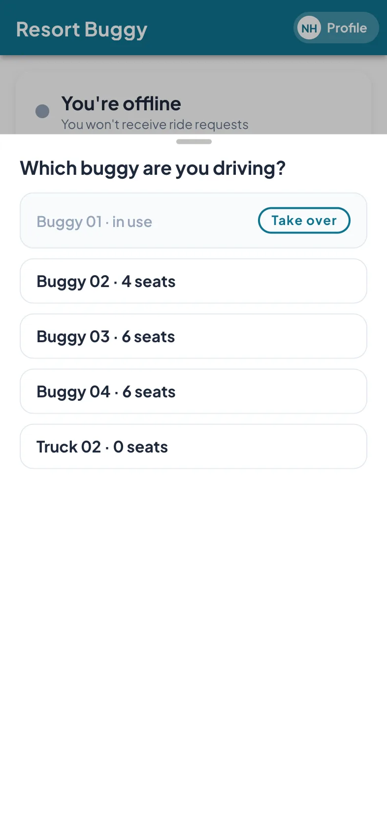 The driver app asking Which buggy are you driving, listing Buggy 01 in use with a Take over button, Buggy 02 with four seats, Buggy 03 with six seats, Buggy 04 with six seats, and a luggage truck with zero seats