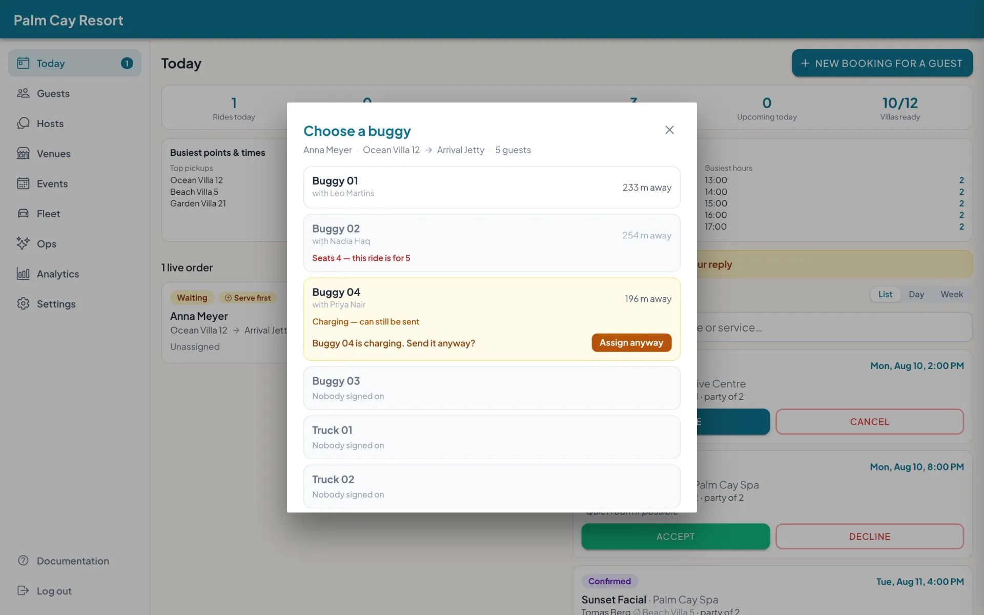 A Choose a buggy dialog for a five-guest ride from Ocean Villa 12 to the Arrival Jetty, showing Buggy 02 refused with the reason Seats 4 — this ride is for 5, and Buggy 04 marked Charging — can still be sent with an Assign anyway confirmation