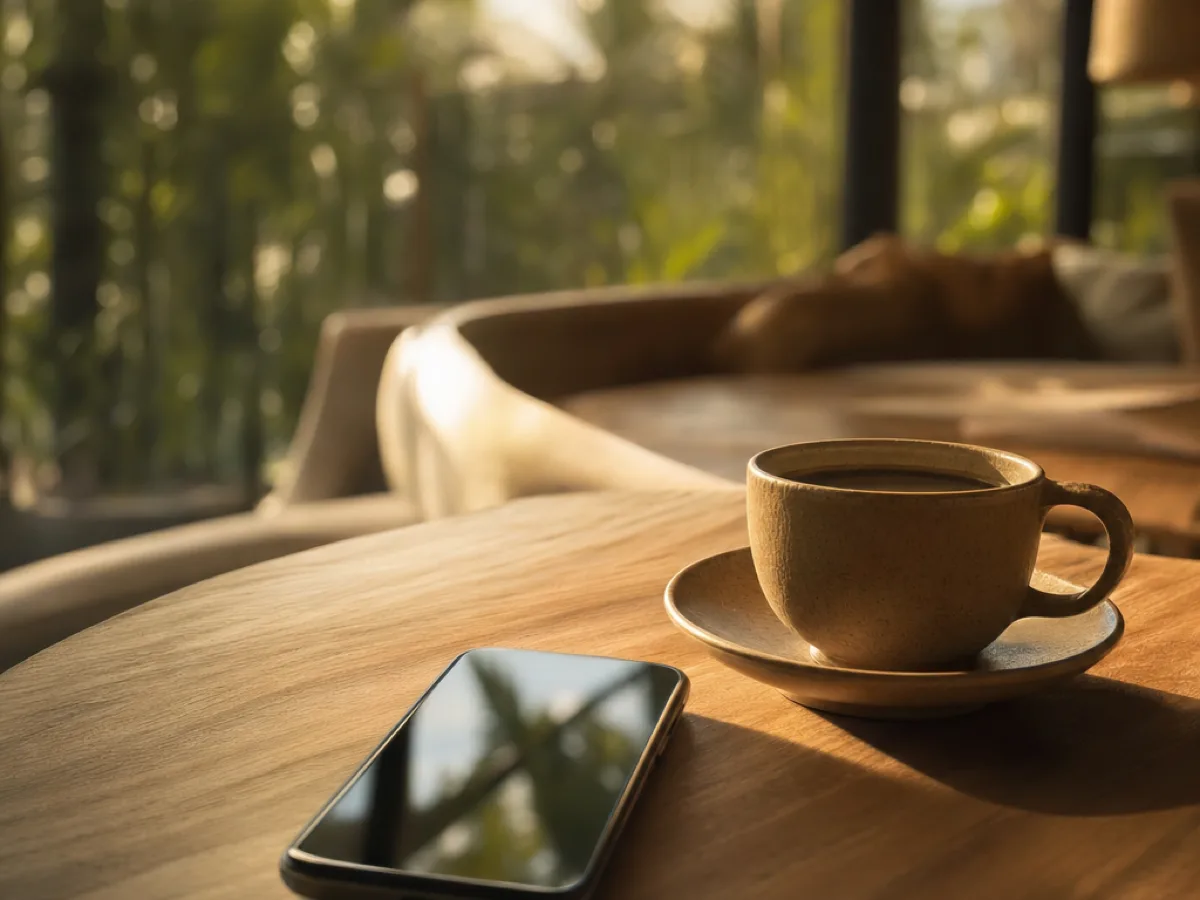 Smartphone resting on a wooden table beside a cup of coffee, ready for a relaxed demo call