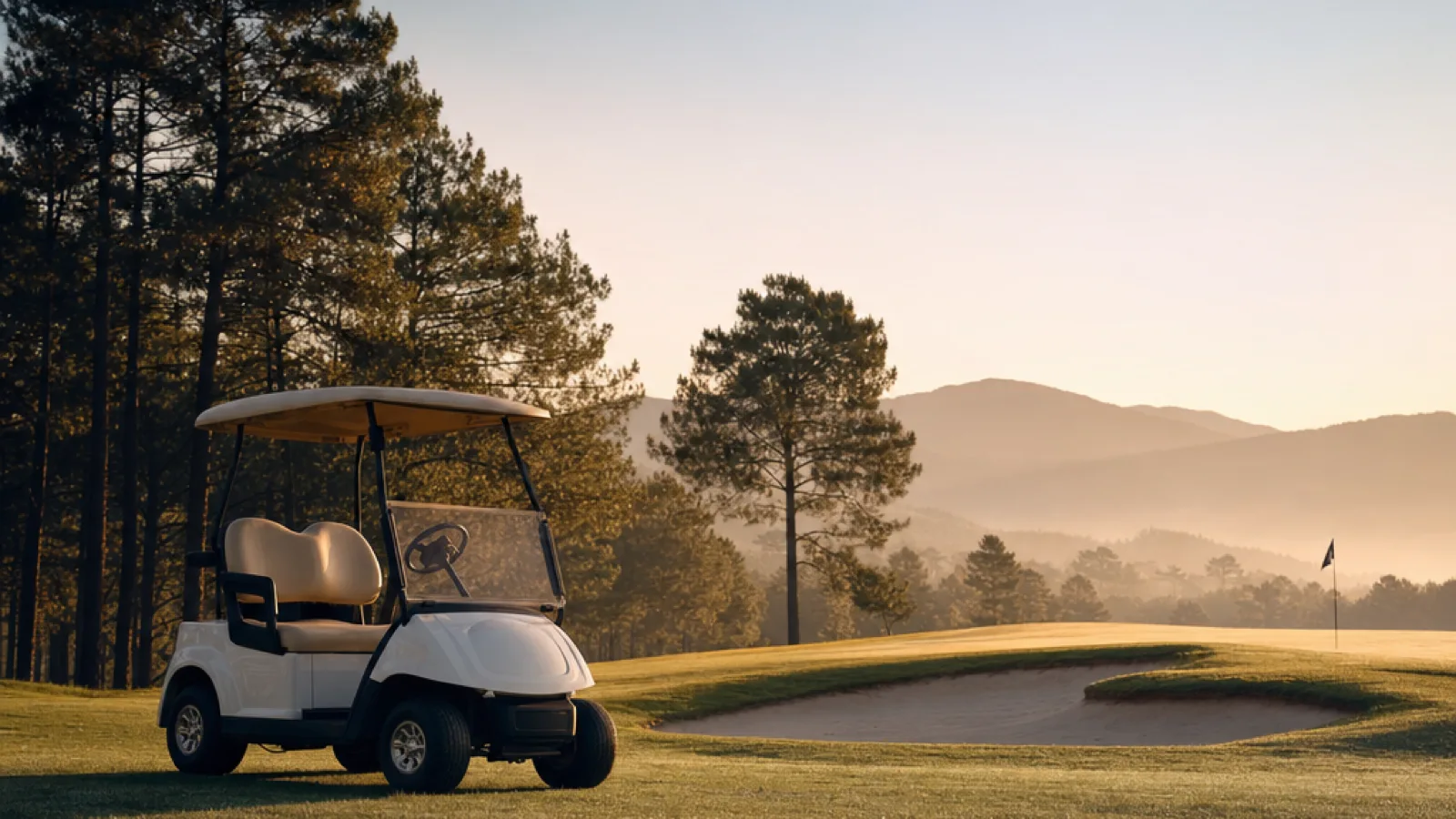 Golf buggy on a manicured fairway at sunrise