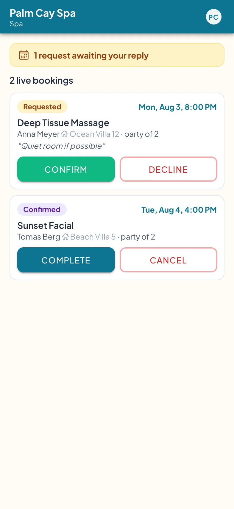 A venue's booking board on a phone: a requested massage waiting on Confirm or Decline, and a confirmed booking below, with a live bookings count