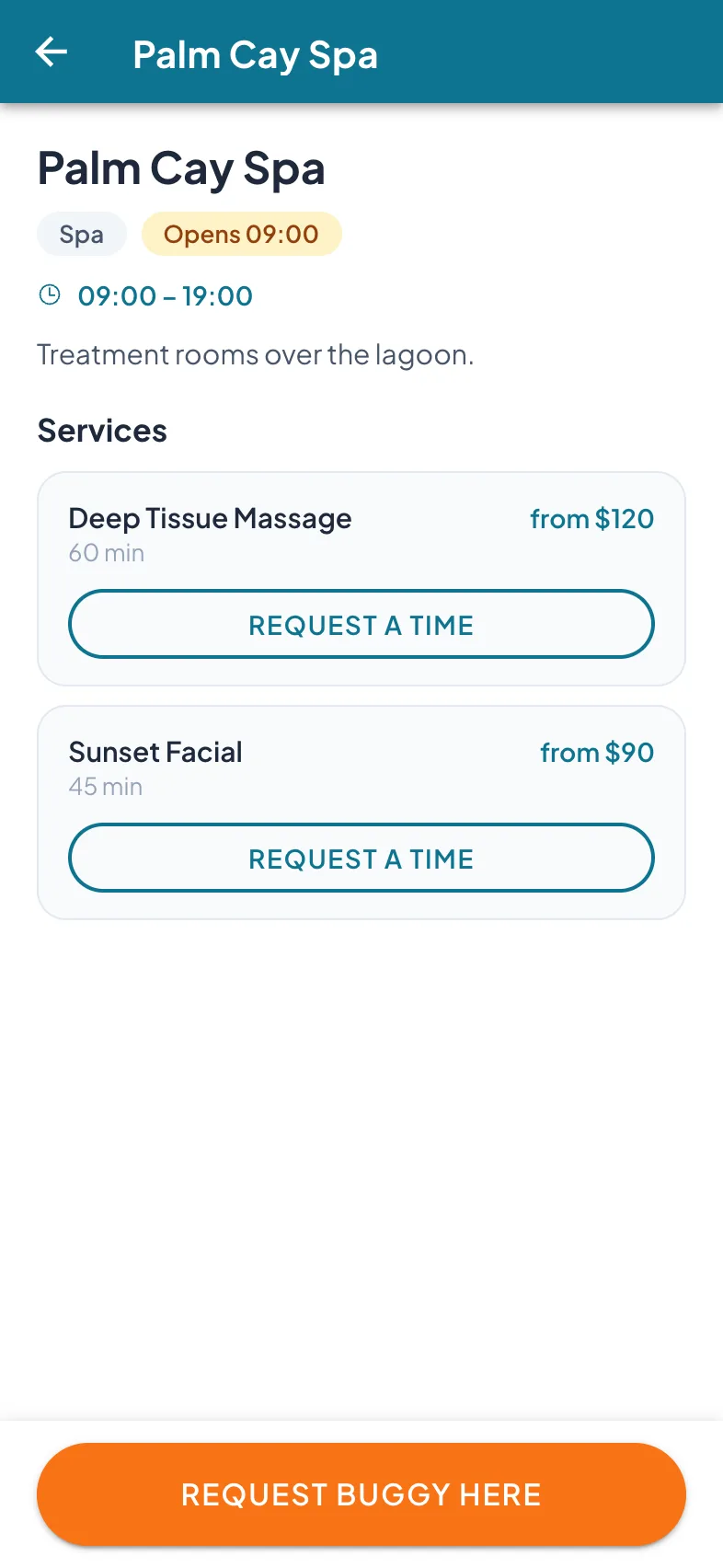 A venue page on the guest's phone: spa services with prices, durations, opening hours, and Request a Time buttons