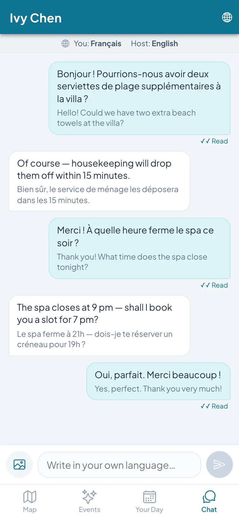 Guest chat on a phone: a guest writes in French and reads the resort's English replies translated, with the original text under each message