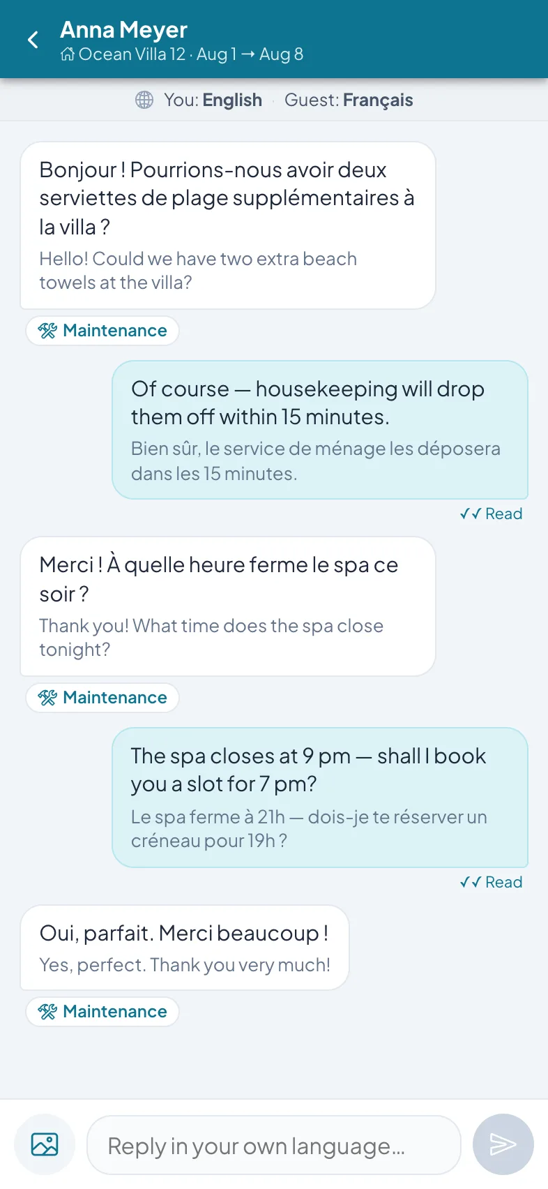 The front desk's phone: the same conversation in English, pinned to Ocean Villa 12 and its stay dates, with one-tap Maintenance work-order chips