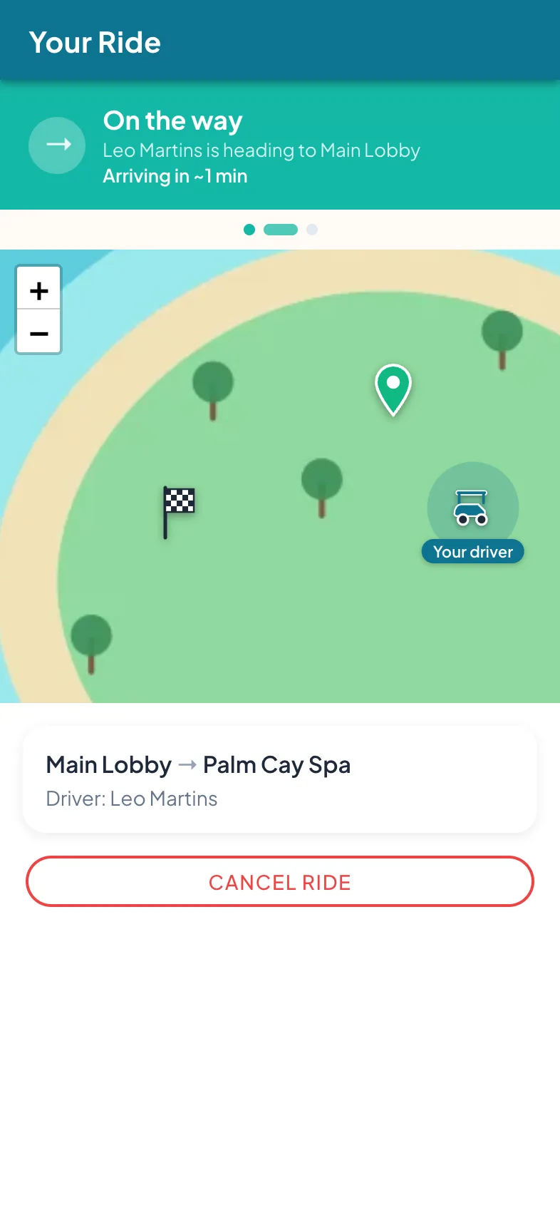 A ride on the way: the driver approaching on the live island map with an arrival estimate