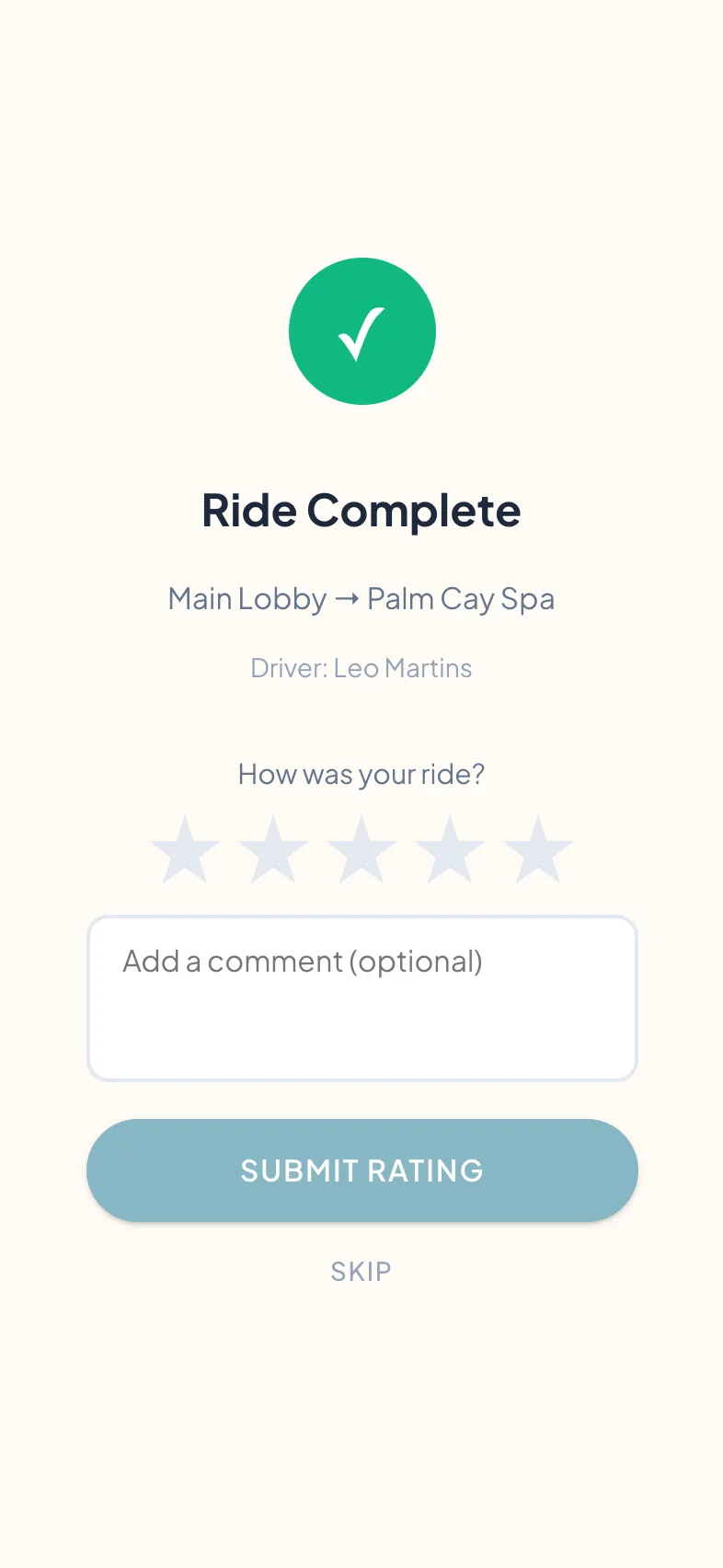 Ride complete screen with a one-tap five-star rating