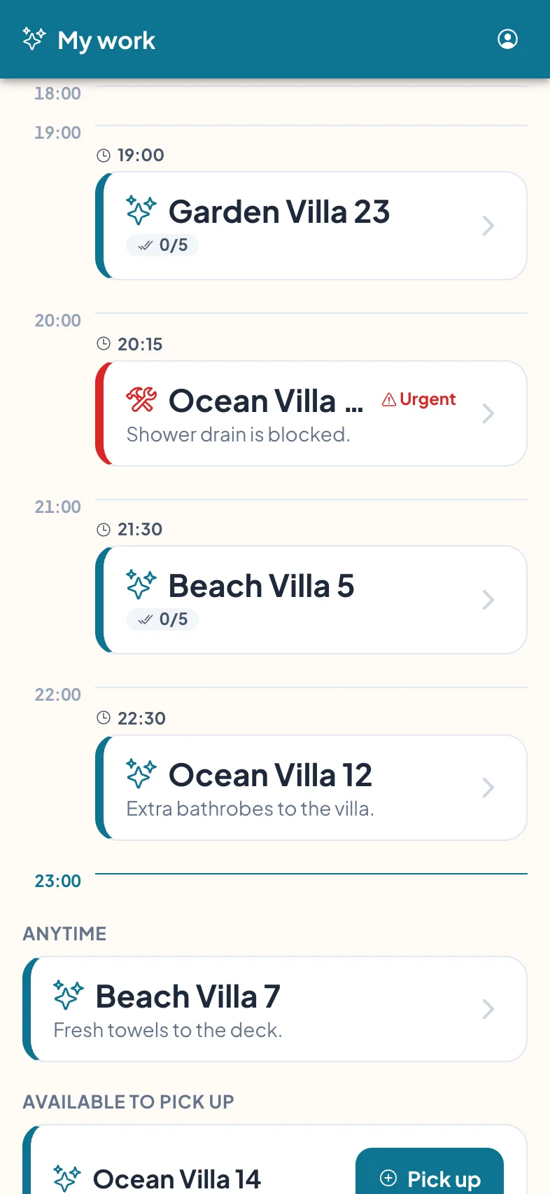 Housekeeping board on a staff phone: timed villa jobs in order, an urgent repair flagged in red, and open work available to pick up