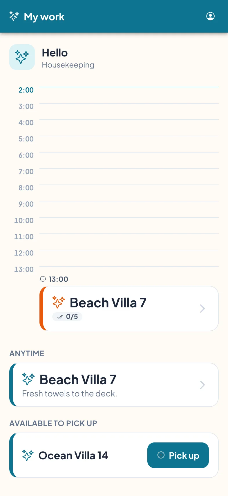 A housekeeper's personal timeline with a timed villa job, an anytime job, and open work available to pick up