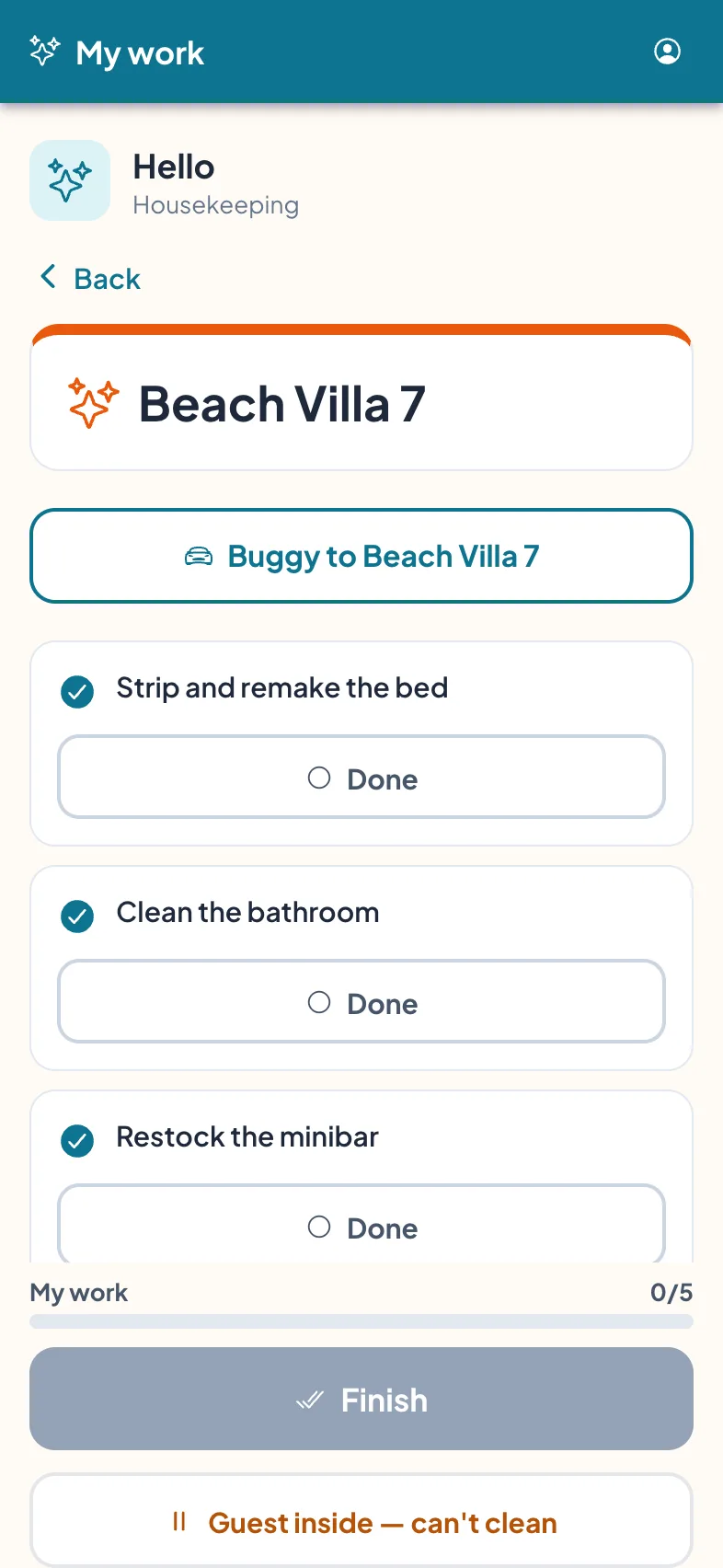 A villa job opened to its checklist, with a locked Finish button and a Guest inside — can't clean option