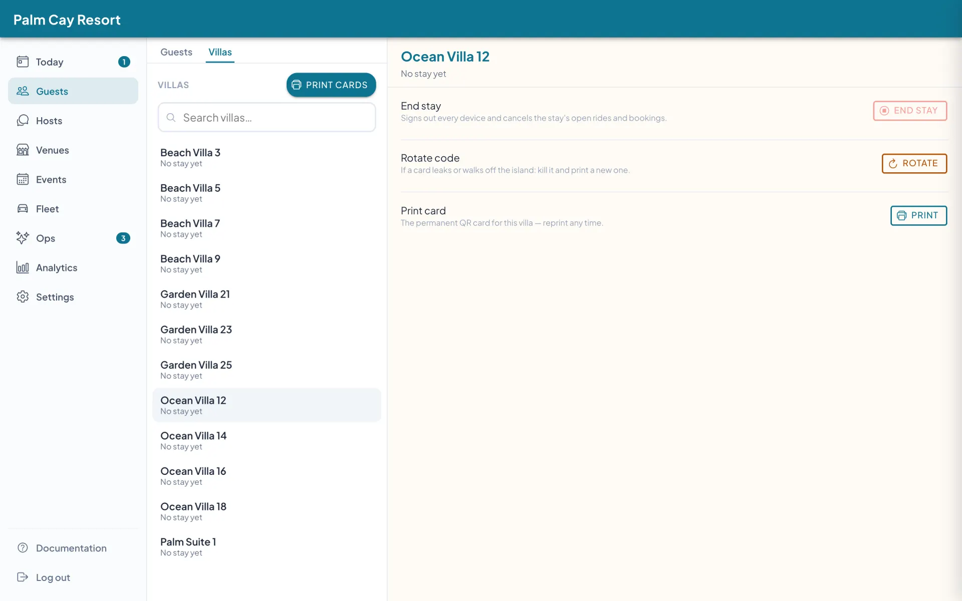 The admin villa panel for Ocean Villa 12 with End stay, Rotate code, and Print card controls