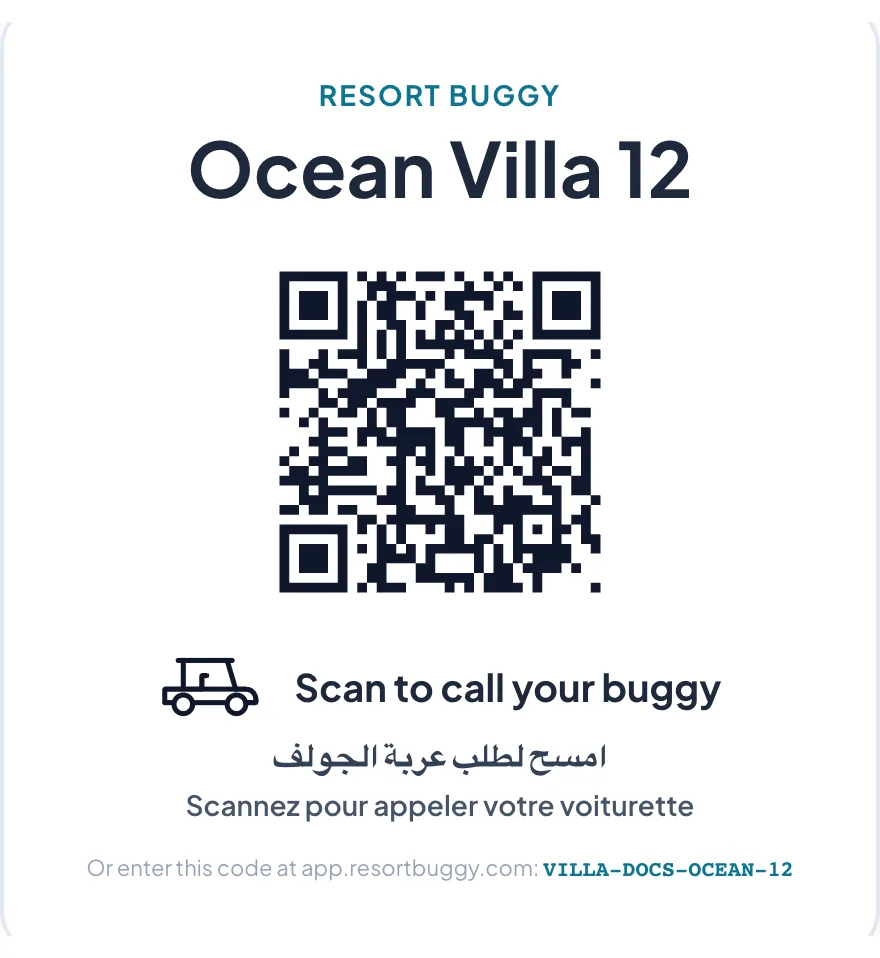The printed villa card for Ocean Villa 12: a QR code with scan instructions and a typed fallback code
