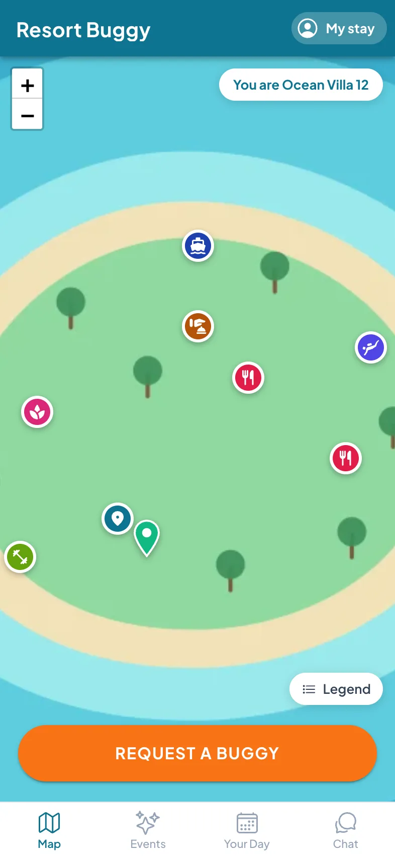 Right after the scan: the guest app open on the island map, greeting the guest with You are Ocean Villa 12