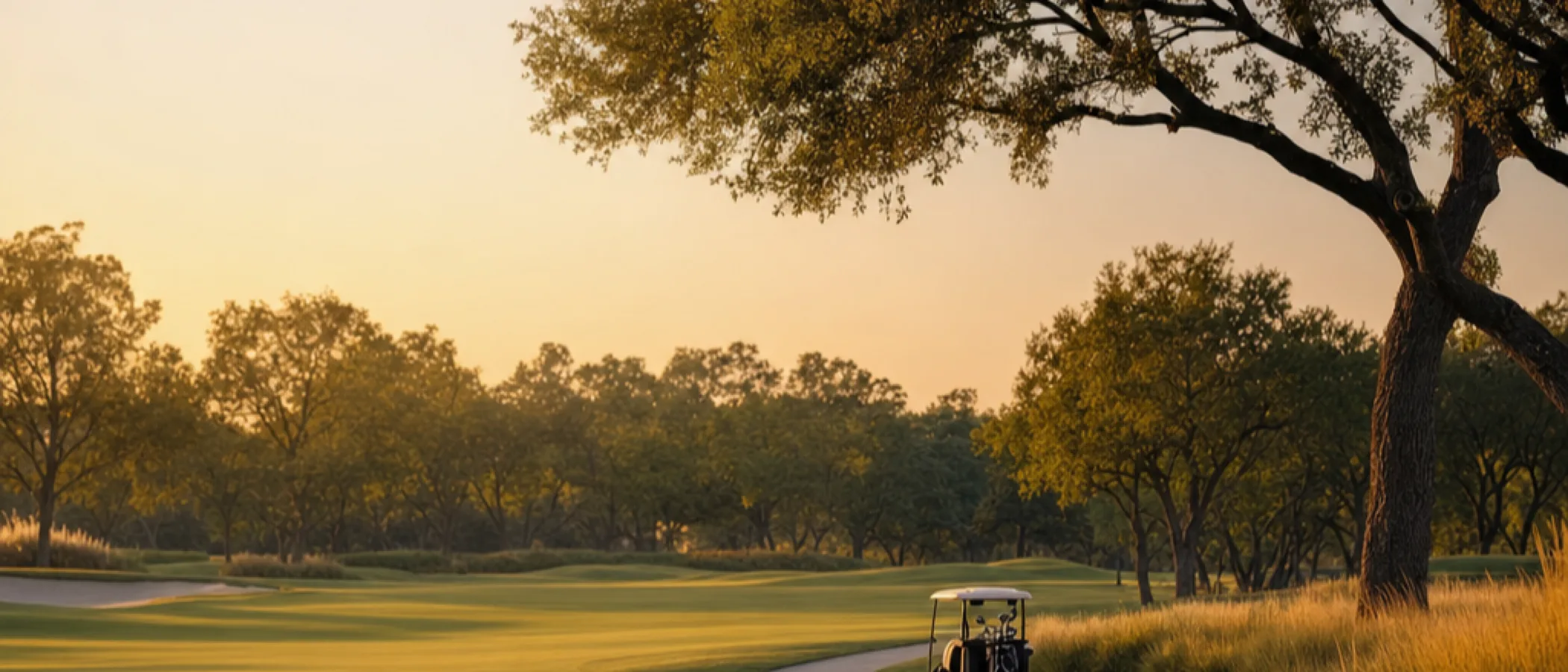 Golf buggy on a fairway at sunrise