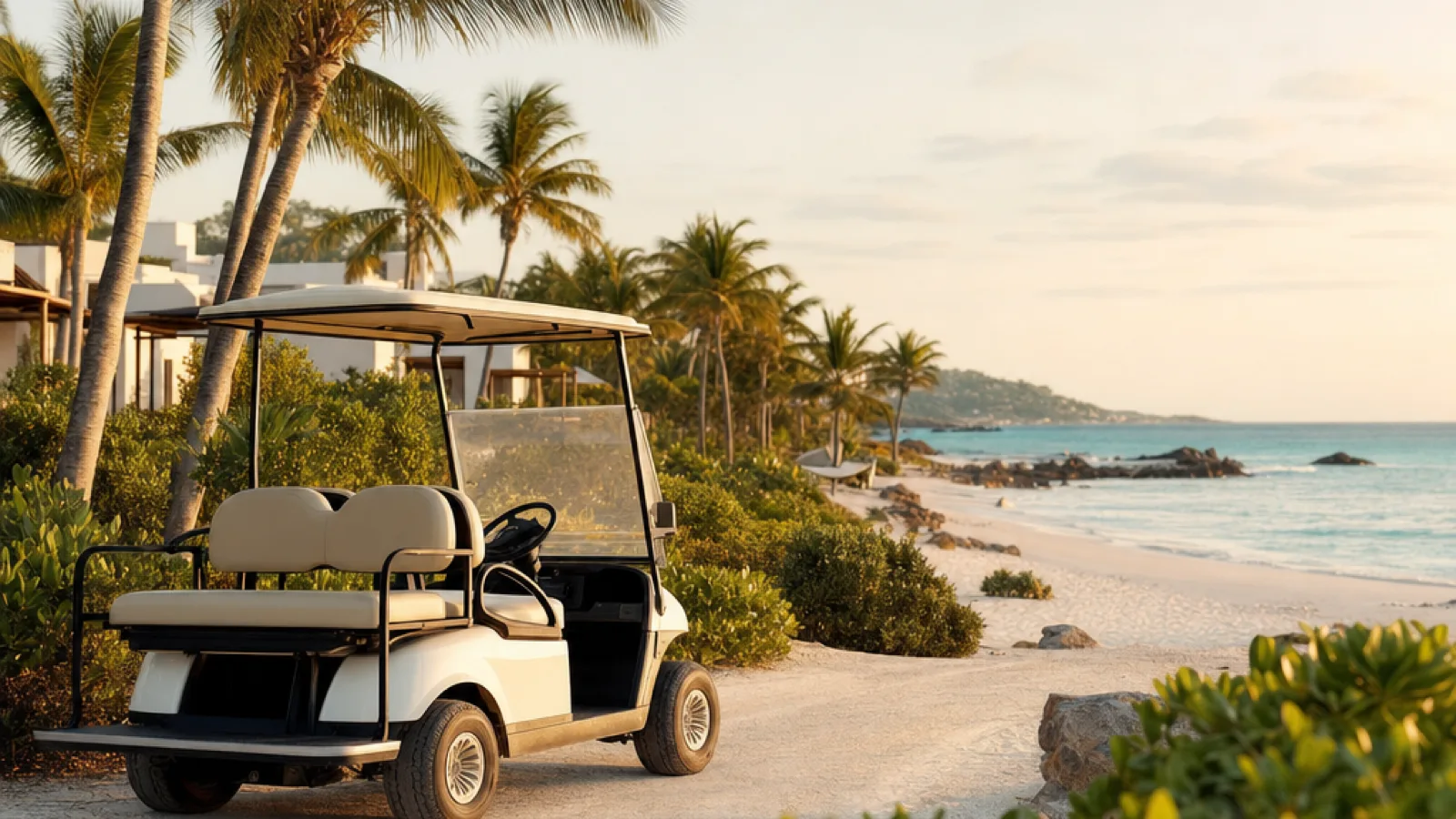 Sunlit resort path with buggy at golden hour