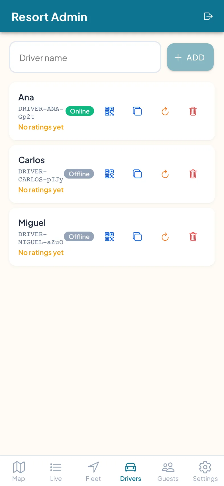 Admin Drivers tab listing drivers with online status and access codes