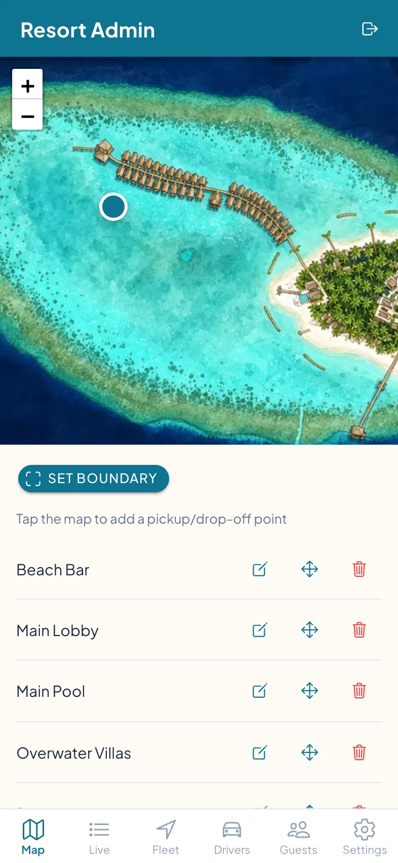 Admin map editor placing pickup points on the property map