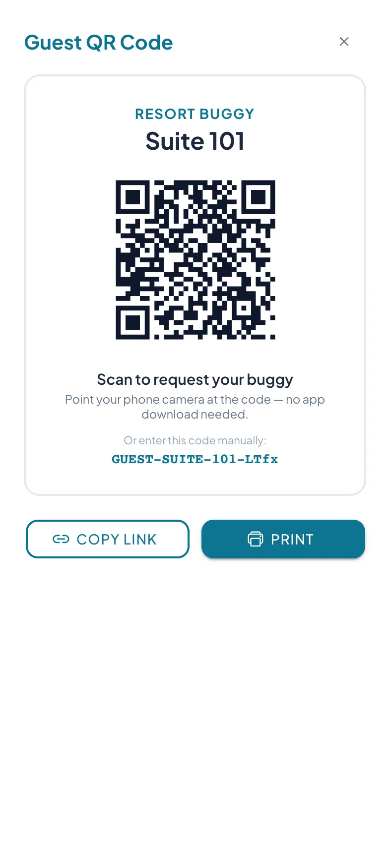 Admin guest QR code modal with copy link and print options