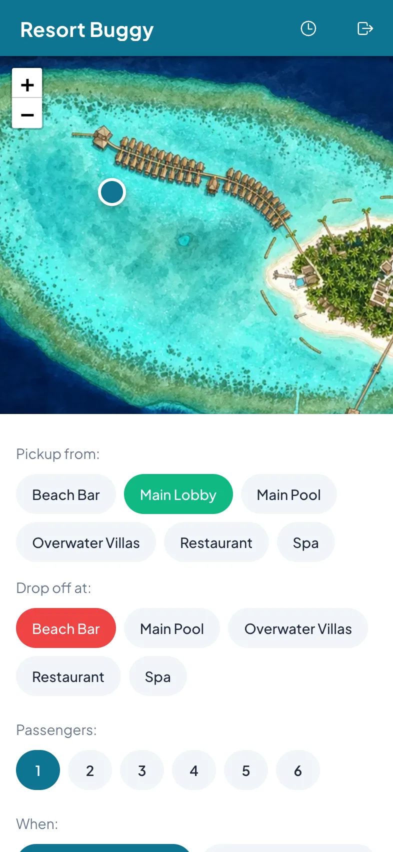 Guest booking sheet with large pickup and destination selectors