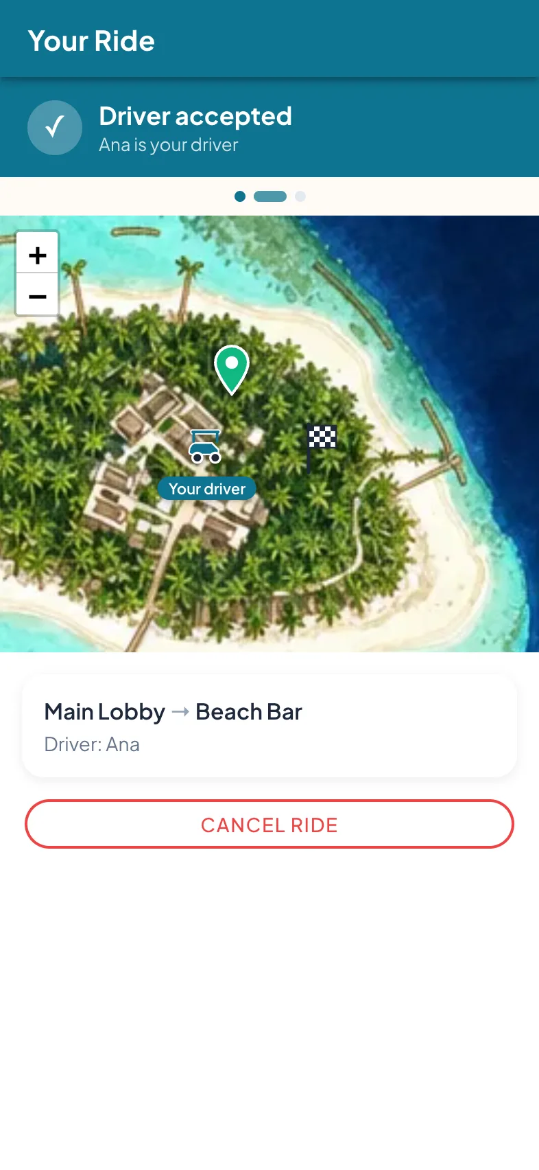 Live order status showing the buggy approaching on the resort map