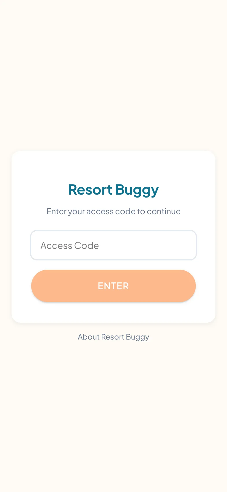 Welcome screen showing the resort's name and access code field, opened by scanning a QR code